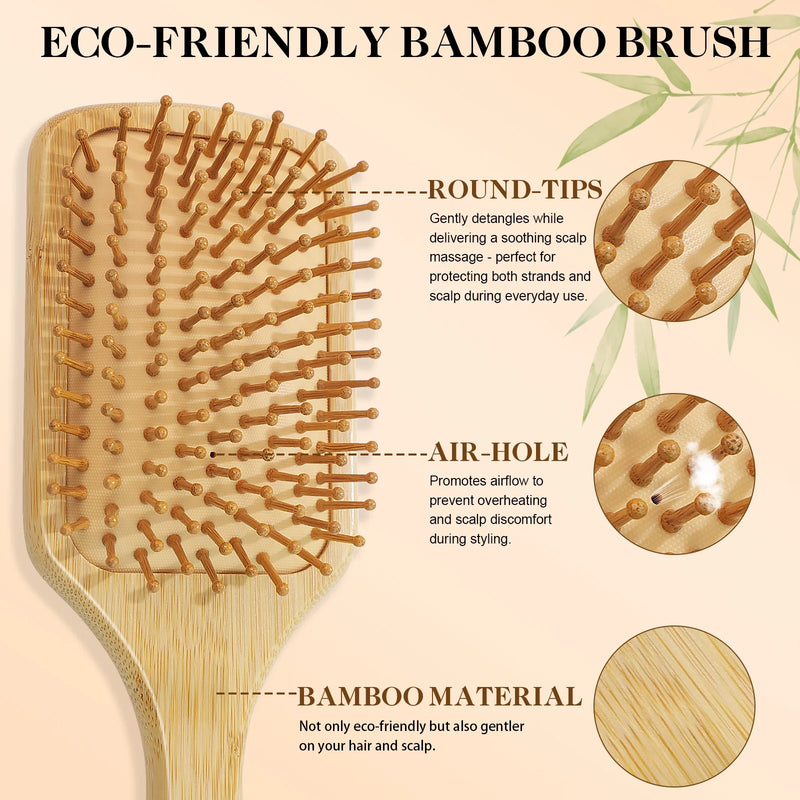 DUAIU 5-Piece Bamboo Hair Brush Set - Large Cushion Comb, Wide/Fine Tooth & Rolling Combs | No-Bristle Detangling for Thick/Thin/Curly/Dry Hair | Gift Kit for Women/Men/Kids