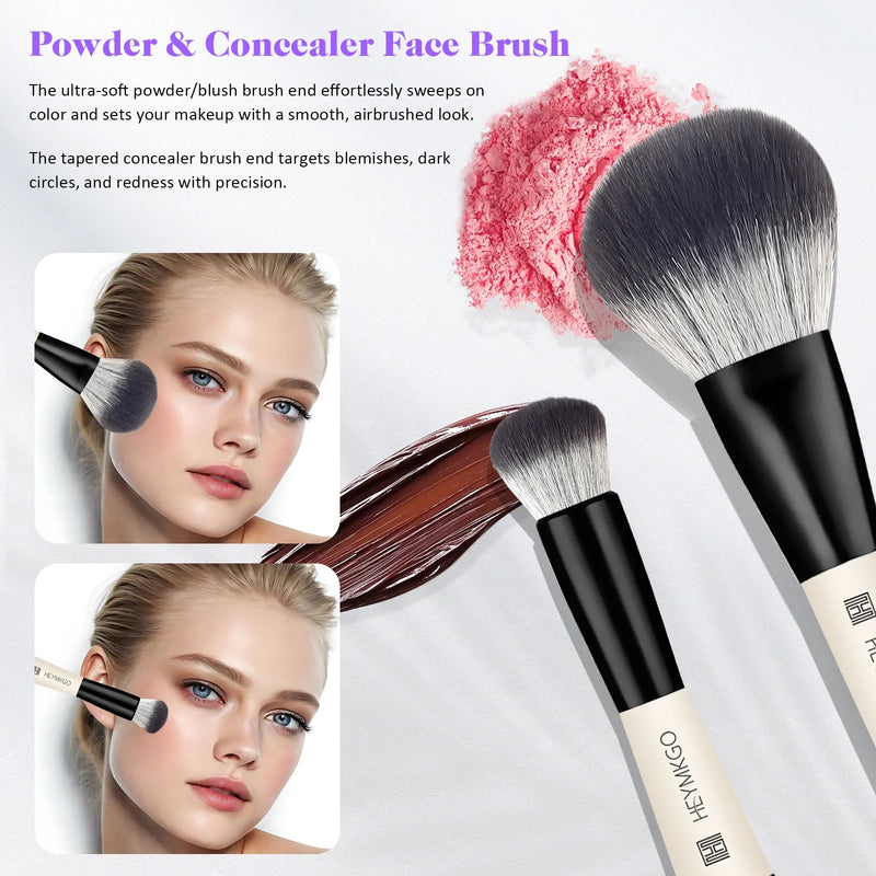 HEYMKGO 4Pcs Makeup Brush Set – Dual-Ended Foundation & Contour Brushes, Synthetic Kabuki Powder Buffer, Professional Cosmetic Tools Kit for Women, Mothers, Daughters, Girlfriends (Black)
