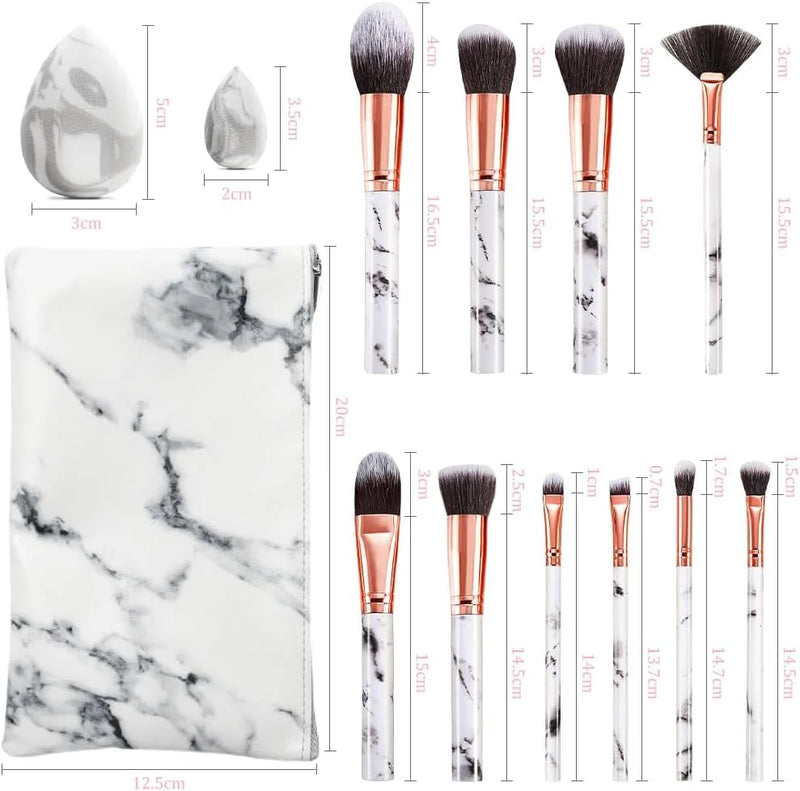 DUAIU 10PCS Marble Makeup Brush Set Blush Foundation Eyeshadow Brushes with 2 Makeup Sponge,White