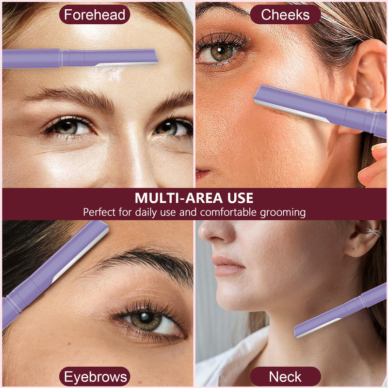 7-Piece Women's Eyebrow Razor Set - 4 Long & 2 Short Eyebrow Razors and Tweezers | Dermaplaning Tool for Face & Eyebrows | Peach Fuzz & Facial Hair Removal | High Precision Blades (Purple)