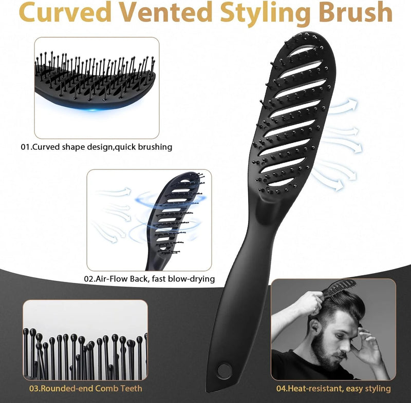 DUAIU 7Pcs Men's Hair Styling Set: Vent Brush, Round Brush, Wide-tooth Comb, Texture Comb for Blow Drying, Detangling, Grooming, and Hairdressing, Gift for Men