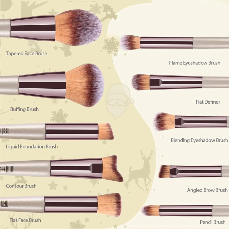 H HEYMKGO  Makeup Brushes, Conical Handle Professional Premium Synthetic Makeup Brush Set Kit With Case Bag for Blending Foundation Powder Blush Eyeshadow 10 Count Champagne Gold Xmas Gift