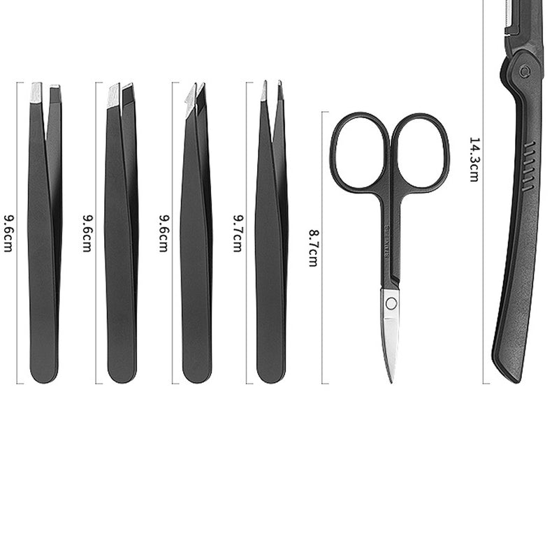 DUAIU 7 PCS Professional Tweezers Set - Stainless Steel Precision Tweezer Kit for Eyebrows, Facial Hair, Ingrown Hair & Splinter Removal with Travel Case (Black)