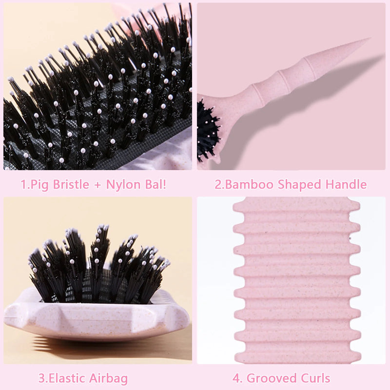 DUAIU Curly Hair Brush with Boar Bristles & Wheat Straw Handle - Cat Ear Design Curl Defining Brush for Frizz-Free Styling, Bamboo Joint Handle Reduces Pulling for Defined Curls (Pink)