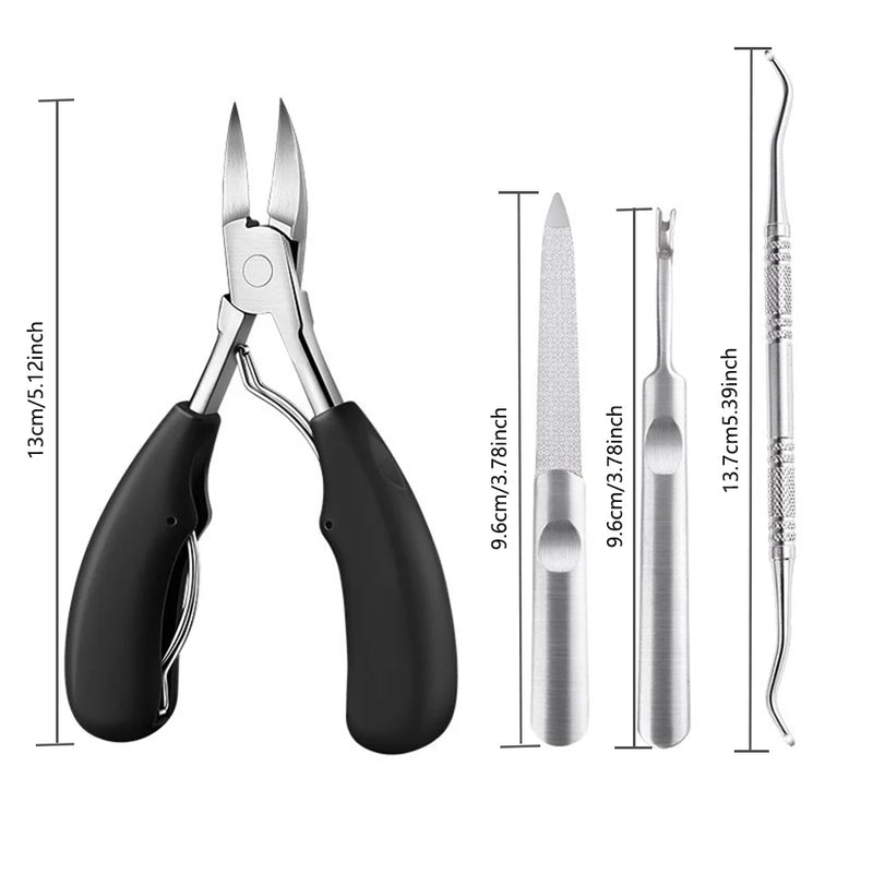 DUAIU Toenail Clippers 4-Piece Kit - Stainless Steel Ingrown Nail Clippers for Thick Toenails, Sharp Curved Blade Pedicure Tool with Dead Skin & Dirt Remover - Professional Nail Care Set