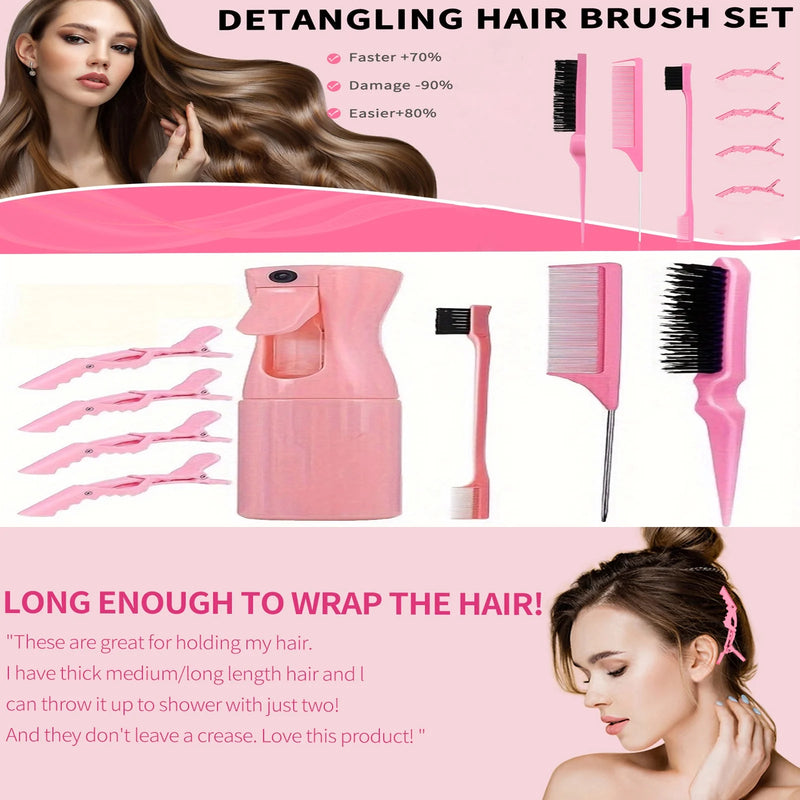 DUAIU 8-Piece Hair Brush Set for Women,Slick & Edge Brushing Kit,Includes Bristle Brush,Teasing Comb,Rat Tail Comb, Alligator Clips,Styling Essentials for Curly/Straight Hair (Pink)