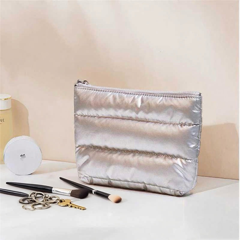 DUAIU Puffy Quilted Makeup Bag - Large Capacity Travel Cosmetic Organizer with Checkered Design, Cute Aesthetic Toiletry Pouch for Brushes & Skincare (Silver, Classic Stripes)