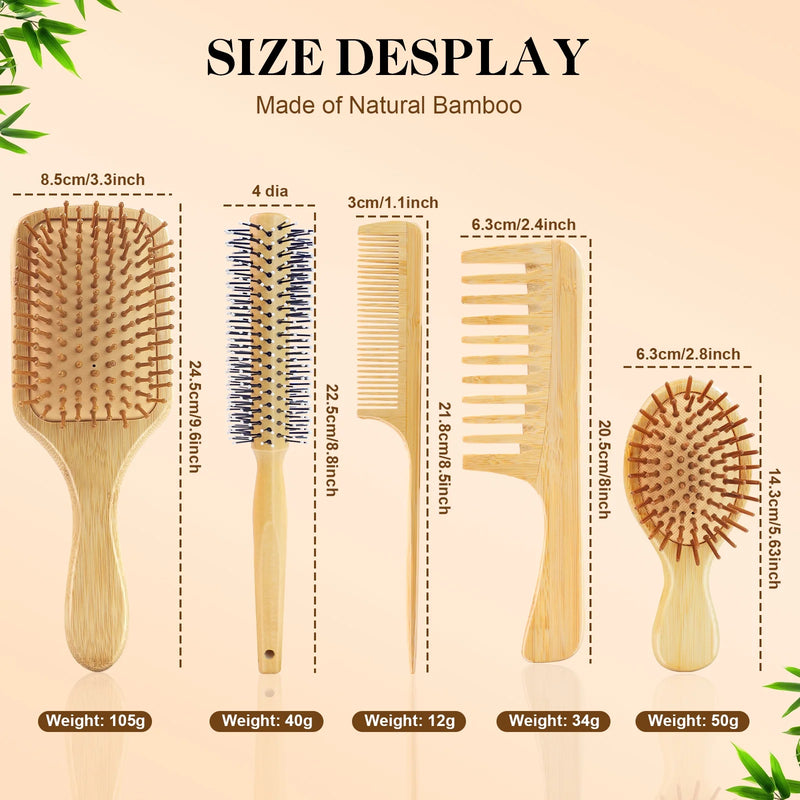 DUAIU 5-Piece Bamboo Hair Brush Set - Large Cushion Comb, Wide/Fine Tooth & Rolling Combs | No-Bristle Detangling for Thick/Thin/Curly/Dry Hair | Gift Kit for Women/Men/Kids