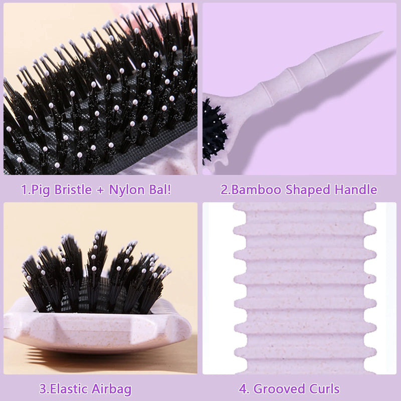 DUAIU Curly Hair Brush with Boar Bristles & Wheat Straw Handle - Cat Ear Design Curl Defining Brush for Frizz-Free Styling, Bamboo Joint Handle Reduces Pulling for Defined Curls (Purple)