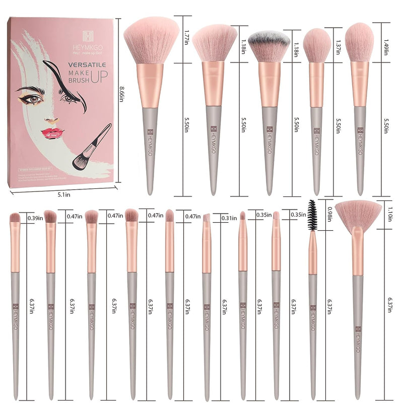 DUAIU Makeup Brushes Set, 15Pcs Makeup Brush Set Premium Synthetic Bristles Conical Handle Kabuki Foundation Face Brushes for Liquid Powder Buffing Blending Contouring With Travel Pouch (Pink)