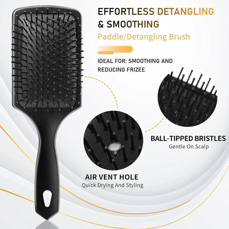DUAIU 5-Piece Hair Brush Set - Paddle Brush, Round Quiff & Wide Tooth Combs for Men/Women | Wet/Dry Use on Curly/Thick/Thin Hair | No-Tangle Styling Tools (Includes Rat Tail Comb)