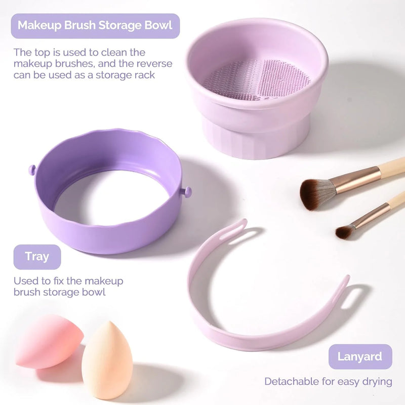 HEYMKGO Makeup Brush Cleaner Mat 3 in 1 Silicone Makeup Brush Cleaner Bowl Cosmetic Brushes Cleaning Tool Organizer for Storage and Air Dry (Purple)
