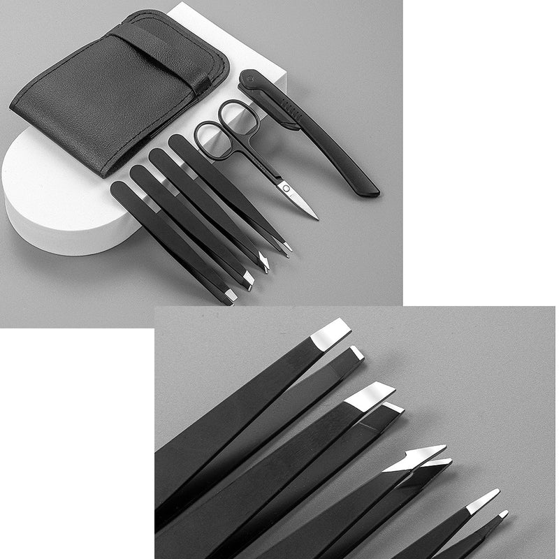DUAIU 7 PCS Professional Tweezers Set - Stainless Steel Precision Tweezer Kit for Eyebrows, Facial Hair, Ingrown Hair & Splinter Removal with Travel Case (Black)
