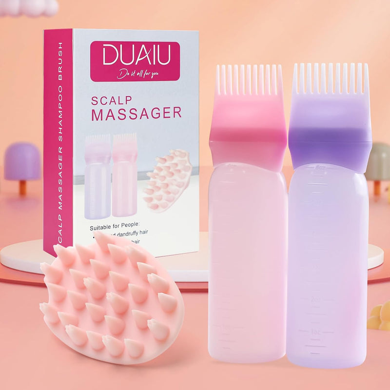 Scalp Massage Brush with 2 Pieces Hair Oil Applicator, DUAIU Hair Oil Applicator Bottle Scalp Massager Set Head Massage Shampoo Brush Hair Massage Brushes Hair Dye and Hair Care Tools