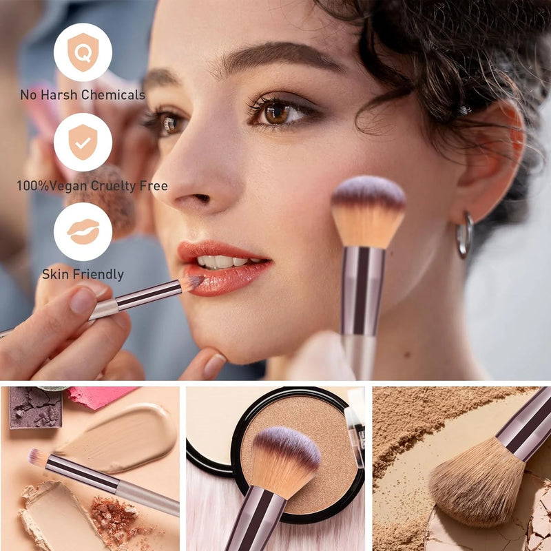 H HEYMKGO  Makeup Brushes, Conical Handle Professional Premium Synthetic Makeup Brush Set Kit With Case Bag for Blending Foundation Powder Blush Eyeshadow 10 Count Champagne Gold Xmas Gift