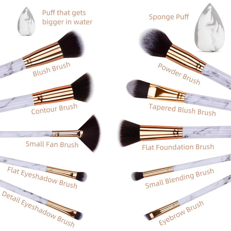 DUAIU 10PCS Marble Makeup Brush Set Blush Foundation Eyeshadow Brushes with 2 Makeup Sponge,White