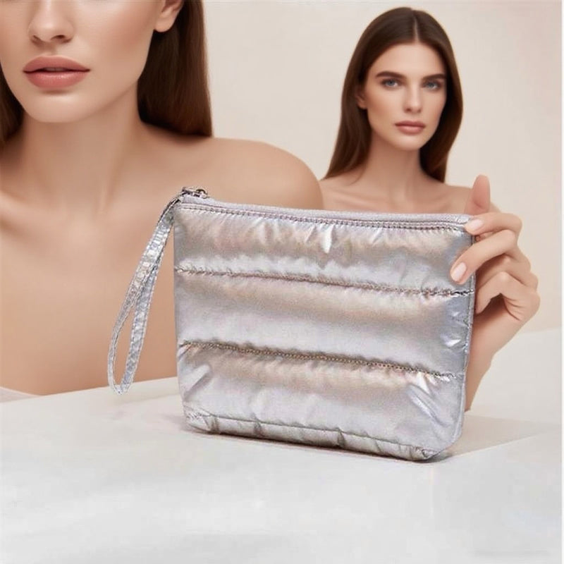 DUAIU Puffy Quilted Makeup Bag - Large Capacity Travel Cosmetic Organizer with Checkered Design, Cute Aesthetic Toiletry Pouch for Brushes & Skincare (Silver, Classic Stripes)