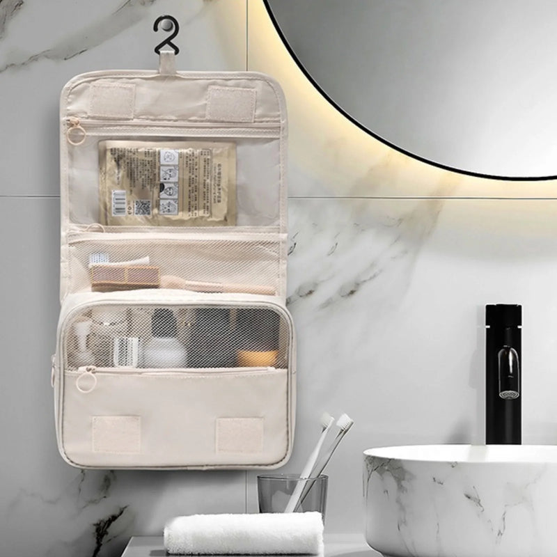 HEYMKGO Hanging Travel Toiletry Bag, Makeup Cosmetic Bag, Bathroom Shower Bag Waterproof, Beige