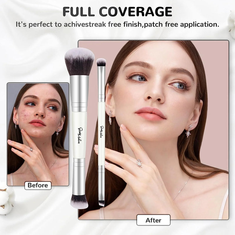 DUAIU Foundation Brush 2 pcs Dual-ended 2-in-1 Kabuki Makeup Brushes Blush Brush Eye Shadow Brush Loose Powder Brush Premium Face Makeup Brushes Beauty Tools (White)