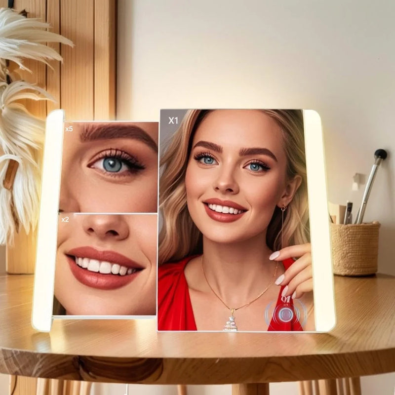 DUAIU 10x12 Inch Lighted Makeup Mirror with 2X/5X Magnification – Stretchable Vanity Mirror with Touch Control, Adjustable Brightness, Portable Travel Mirror for Bathroom & Dressing Table