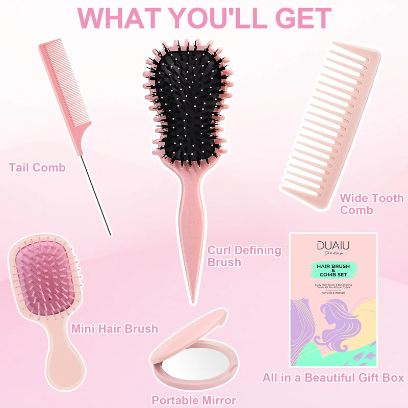 DUAIU  5-Piece Hair Brush & Comb Set - Detangling Brush, Wide Tooth Comb, Curling Comb & Tail Comb with Mini Mirror | Hair Care Gift Set for Women/Teen Girls/Kids (Includes Gift Box)