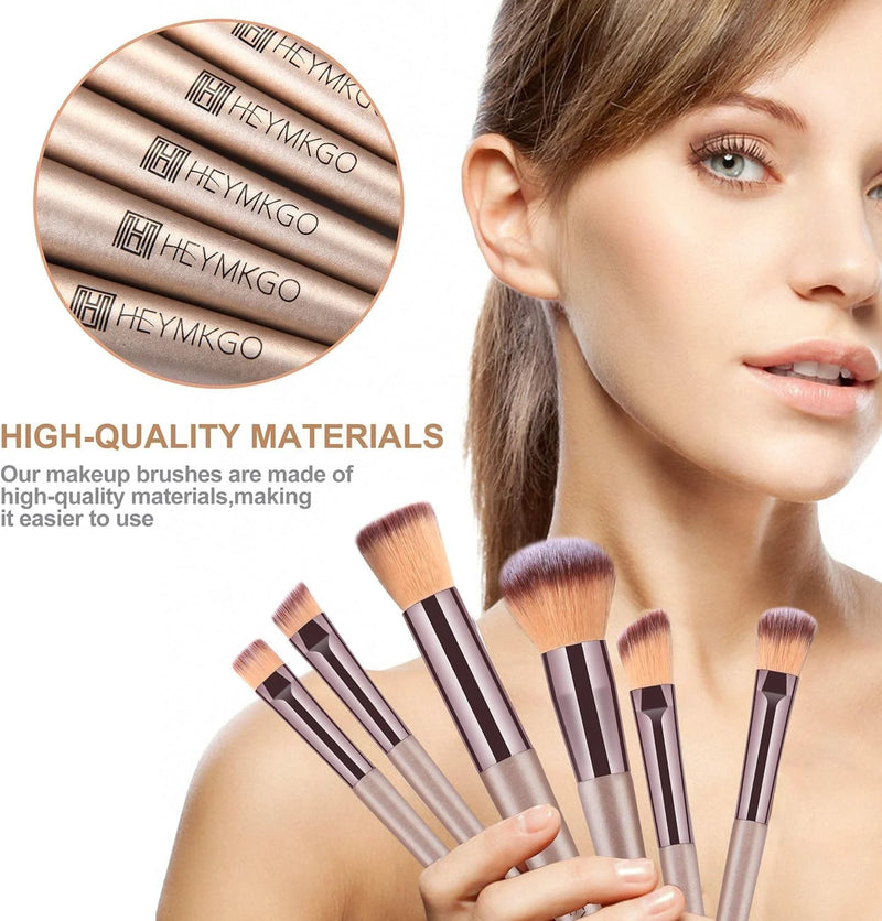 H HEYMKGO  Makeup Brushes, Conical Handle Professional Premium Synthetic Makeup Brush Set Kit With Case Bag for Blending Foundation Powder Blush Eyeshadow 10 Count Champagne Gold Xmas Gift