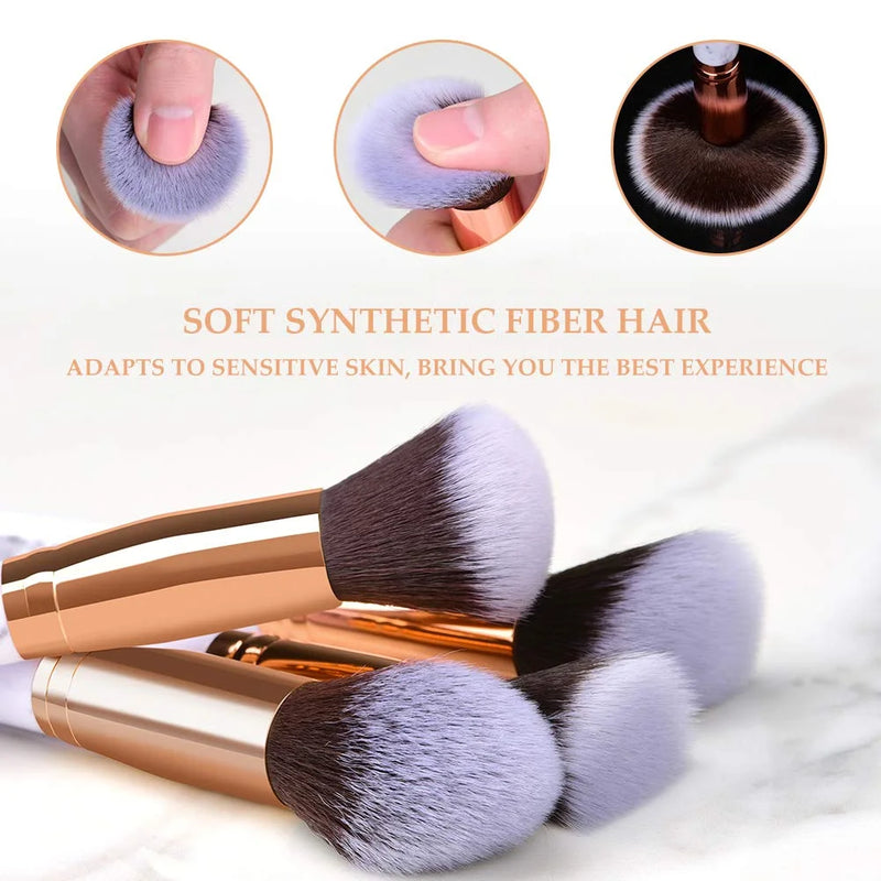 DUAIU 10PCS Marble Makeup Brush Set Blush Foundation Eyeshadow Brushes with 2 Makeup Sponge,White