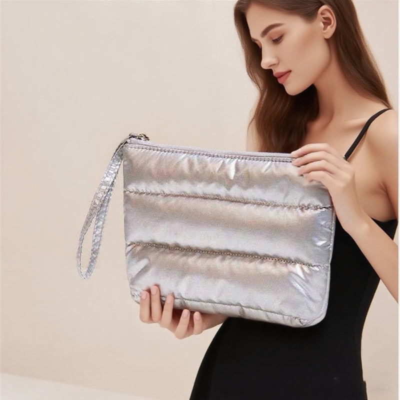 DUAIU Puffy Quilted Makeup Bag - Large Capacity Travel Cosmetic Organizer with Checkered Design, Cute Aesthetic Toiletry Pouch for Brushes & Skincare (Silver, Classic Stripes)