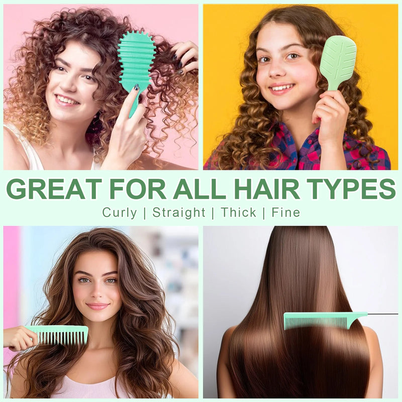 DUAIU  5-Piece Hair Brush & Comb Set - Detangling Brush, Wide Tooth Comb, Curling Comb & Tail Comb with Mini Mirror | Hair Care Gift Set for Women/Teen Girls/Kids (Includes Gift Box) Green