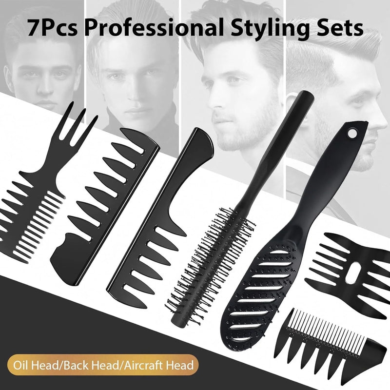 DUAIU 7Pcs Men's Hair Styling Set: Vent Brush, Round Brush, Wide-tooth Comb, Texture Comb for Blow Drying, Detangling, Grooming, and Hairdressing, Gift for Men