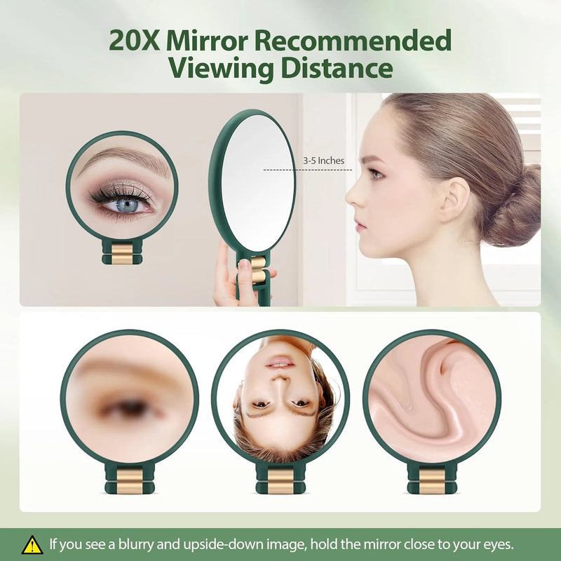 DUAIU Handheld Magnifying Mirror, Double Sided Travel Magnifying Mirror with 20X/1X Magnification, 360°Adjustable Handle, Portable Multi-Purpose Makeup Mirror (Army Green)