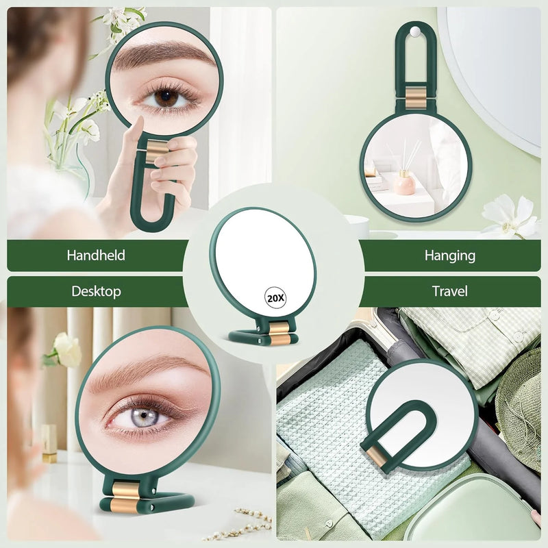 DUAIU Handheld Magnifying Mirror, Double Sided Travel Magnifying Mirror with 20X/1X Magnification, 360°Adjustable Handle, Portable Multi-Purpose Makeup Mirror (Army Green)