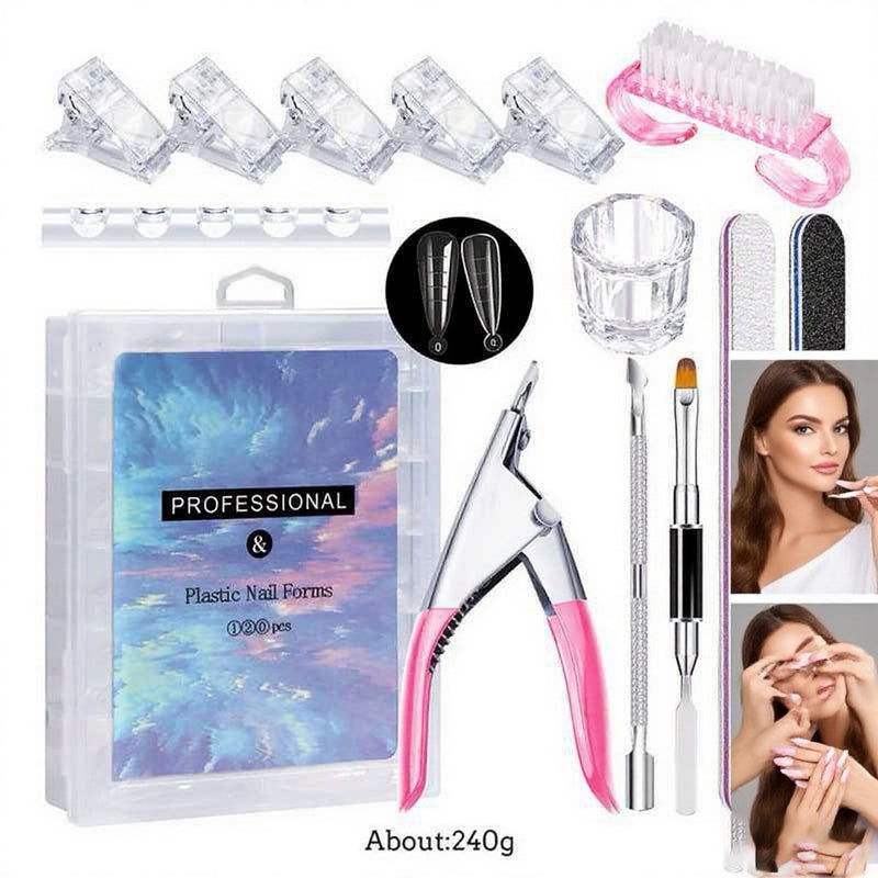 DUAIU Nail Mold Tool Set,Nail Extension Form Tips Dual Nail Mold Full Cover UV Polygel Gel Tools Acrylic Nail System Forms Set with Dual-Ended Polygel Brush 5Pcs Nail Tips Clip
