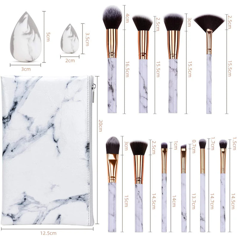 DUAIU 10PCS Marble Makeup Brush Set Blush Foundation Eyeshadow Brushes with 2 Makeup Sponge,White