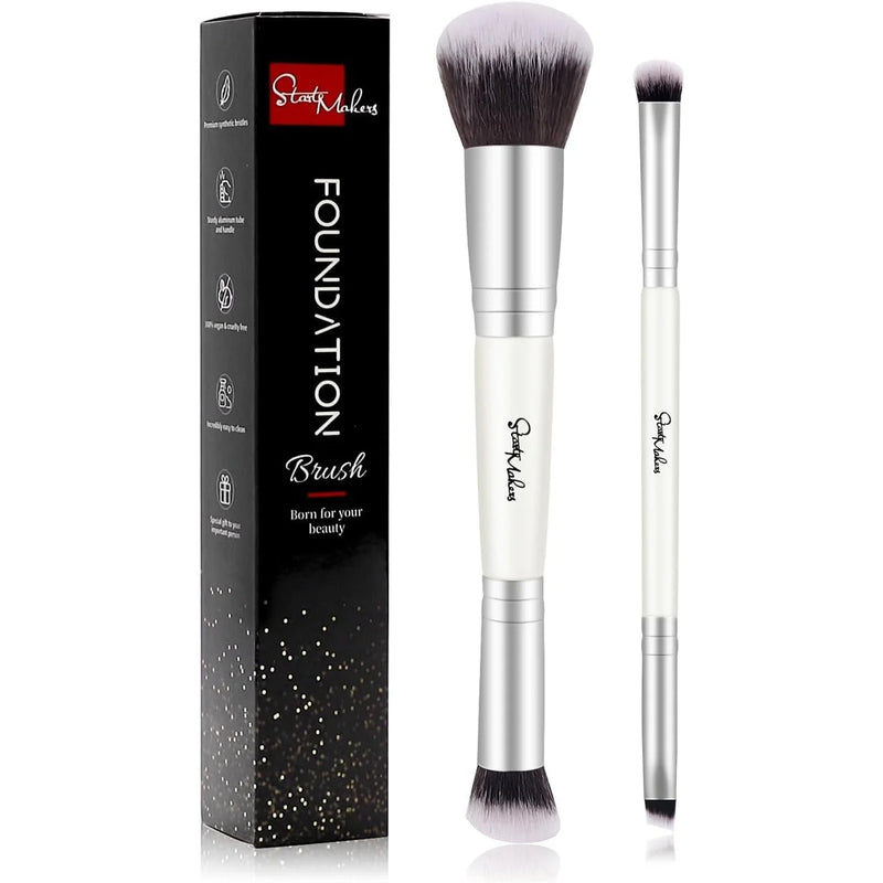 DUAIU Foundation Brush 2 pcs Dual-ended 2-in-1 Kabuki Makeup Brushes Blush Brush Eye Shadow Brush Loose Powder Brush Premium Face Makeup Brushes Beauty Tools (White)