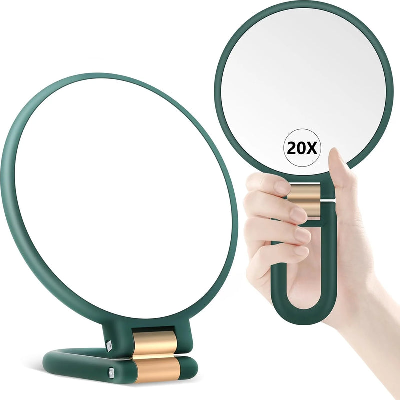 DUAIU Handheld Magnifying Mirror, Double Sided Travel Magnifying Mirror with 20X/1X Magnification, 360°Adjustable Handle, Portable Multi-Purpose Makeup Mirror (Army Green)