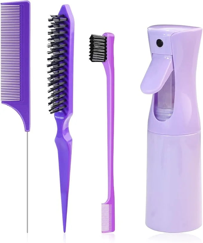 DUAIU Slick Back Hair Brush for Women, 4 Pcs Hair Brush Set with Mist Spray Bottle 6.8 OZ/200 ML, Rat Tail Comb, Edge Brush, Teasing Comb Hair Styling Tools Comb Set