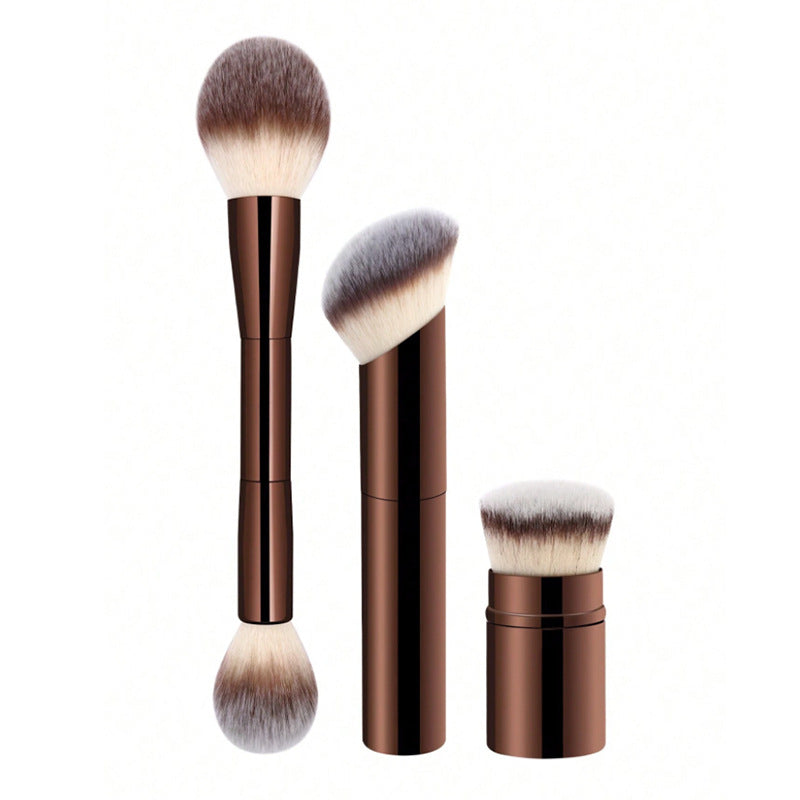 DUAIU 3Pcs Foundation Makeup Brush Set Double-ended Kabuki Brush Contour Brush for Liquid Powder Concealer Cream Cosmetics Blending Blush Face Makeup Tools Kit (Coffee)