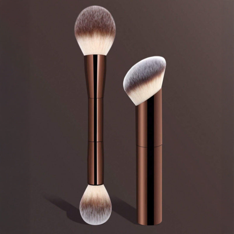 DUAIU 2Pcs Foundation Makeup Brush Set Double-ended Kabuki Brush Contour Brush for Liquid Powder Concealer Cream Cosmetics Blending Blush Face Makeup Tools Kit (Coffee)
