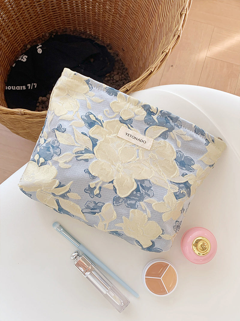 DUAIU Aesthetic Makeup Bag, Large Capacity Cosmetic Bag Canvas Floral Makeup Bag, Travel Pouch Make Up Purse Toiletry Storge Bag for Women (Blue Beige Flower)