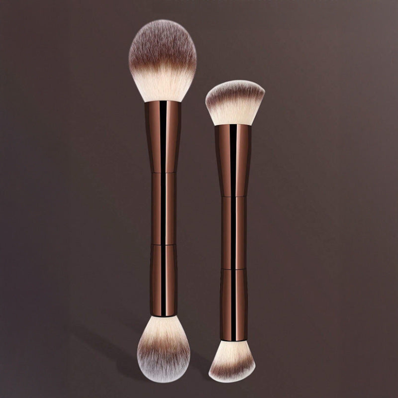 DUAIU 2Pcs Foundation Makeup Brush Set Double-ended Kabuki Brush Contour Brush for Liquid Powder Concealer Cream Cosmetics Blending Blush Face Makeup Tools Kit (Coffee)