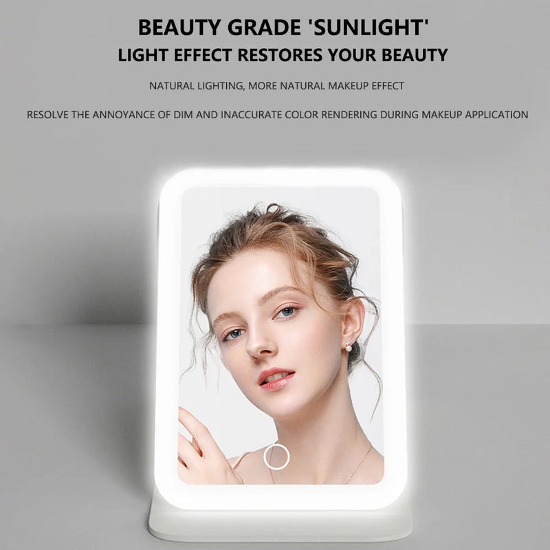 Makeup Mirror DUAIU Foldable LED Makeup Mirror with Light Supplementary Mirror Portable Desktop Bedroom Makeup Rechargeable Mirror Vanity Mirror(White)