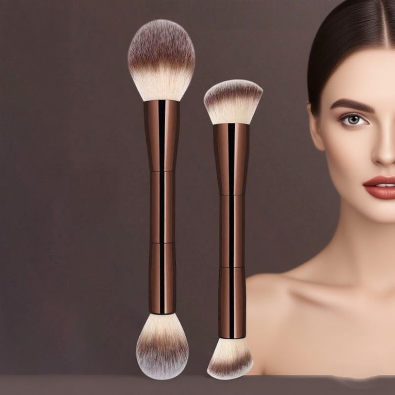 DUAIU 2Pcs Foundation Makeup Brush Set Double-ended Kabuki Brush Contour Brush for Liquid Powder Concealer Cream Cosmetics Blending Blush Face Makeup Tools Kit (Coffee)