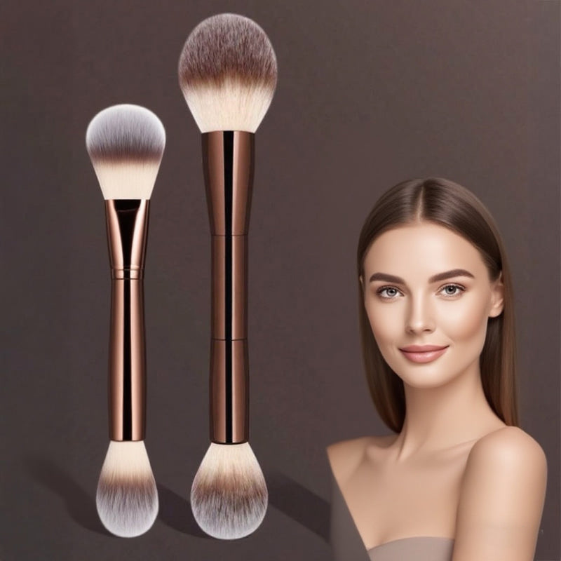 DUAIU 2Pcs Foundation Makeup Brush Set Double-ended Kabuki Brush Contour Brush for Liquid Powder Concealer Cream Cosmetics Blending Blush Face Makeup Tools Kit (Coffee)