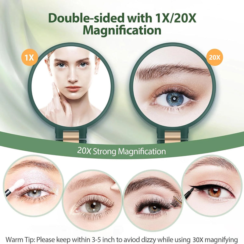 DUAIU Handheld Magnifying Mirror, Double Sided Travel Magnifying Mirror with 20X/1X Magnification, 360°Adjustable Handle, Portable Multi-Purpose Makeup Mirror (Army Green)