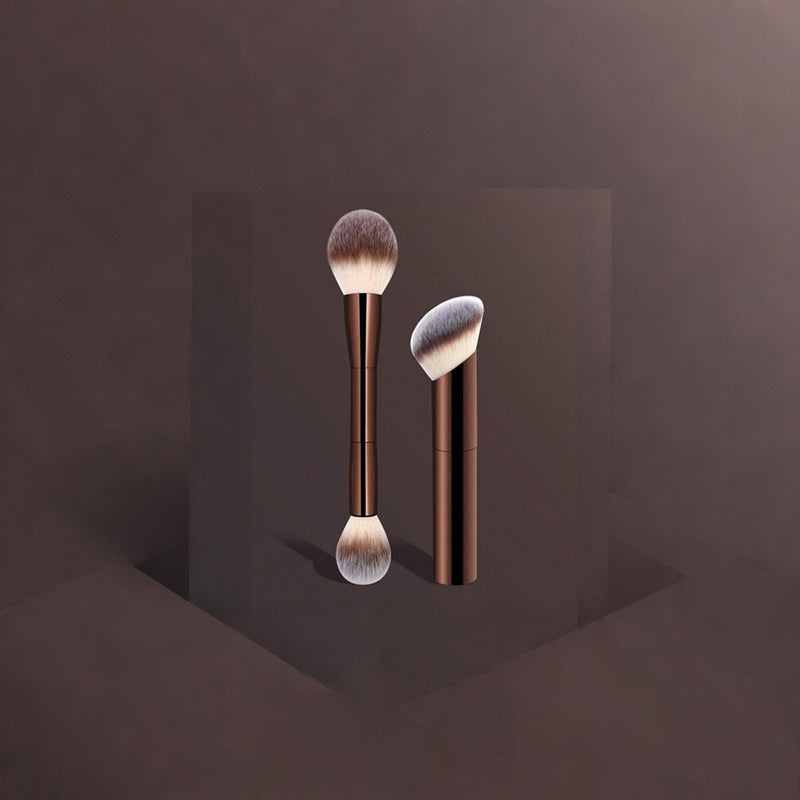 DUAIU 2Pcs Foundation Makeup Brush Set Double-ended Kabuki Brush Contour Brush for Liquid Powder Concealer Cream Cosmetics Blending Blush Face Makeup Tools Kit (Coffee)