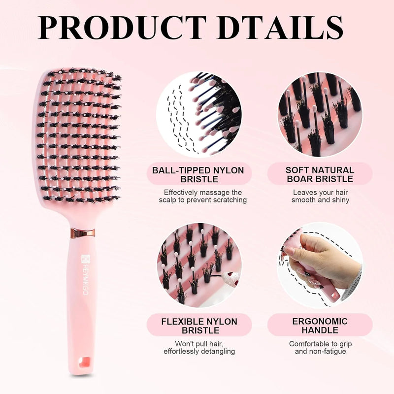 DUAIU Hair Brush Set for Women, Curved Vent Boar Bristle Detangling Brush & Round Brush for Wet & Dry Hair, Styling Tools for Blow Drying, Volumizing, Curling, Straightening, Removes Knots, Pink