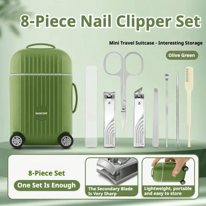 DUAIU 8Pcs Nail Clipper Set Home Manicure Nail Nursing Tool Stainless Steel Nails Clippers Simple Practical Tools Mini Luggage Storage Box (Green)