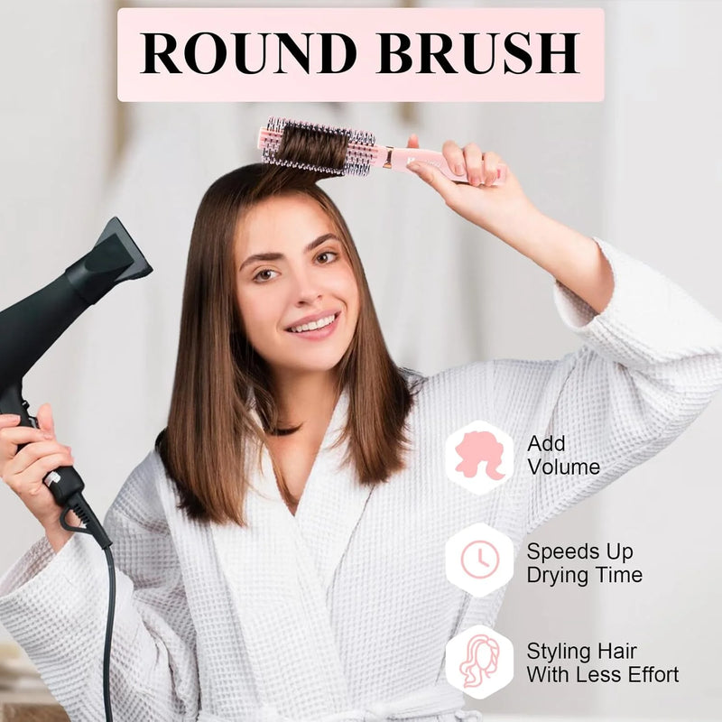 DUAIU Hair Brush Set for Women, Curved Vent Boar Bristle Detangling Brush & Round Brush for Wet & Dry Hair, Styling Tools for Blow Drying, Volumizing, Curling, Straightening, Removes Knots, Pink