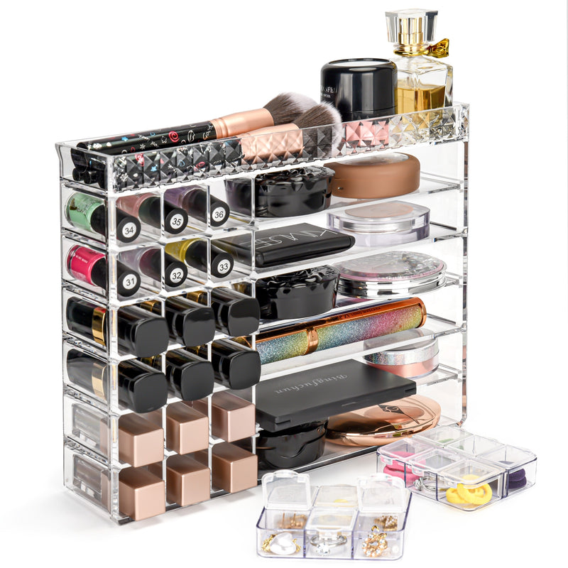 Clear Makeup Organizer - Cosmetic Display Cases Makeup Stand Brush Holder Perfume Organizers with 2pcs Jewelry Organizer for Lipstick Lotions Eyeshadow Nail Polish Hair Accessories